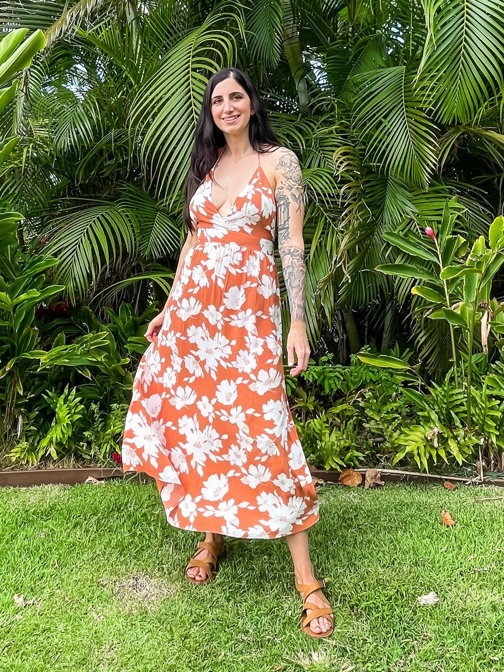 Lulu’s Floral Halter Dress Orange Tropical Small